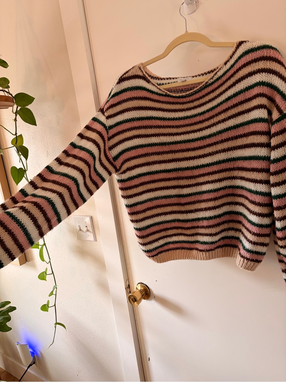 La Hearts Striped Off-the-Shoulder Sweater in Pink, Cream & Green